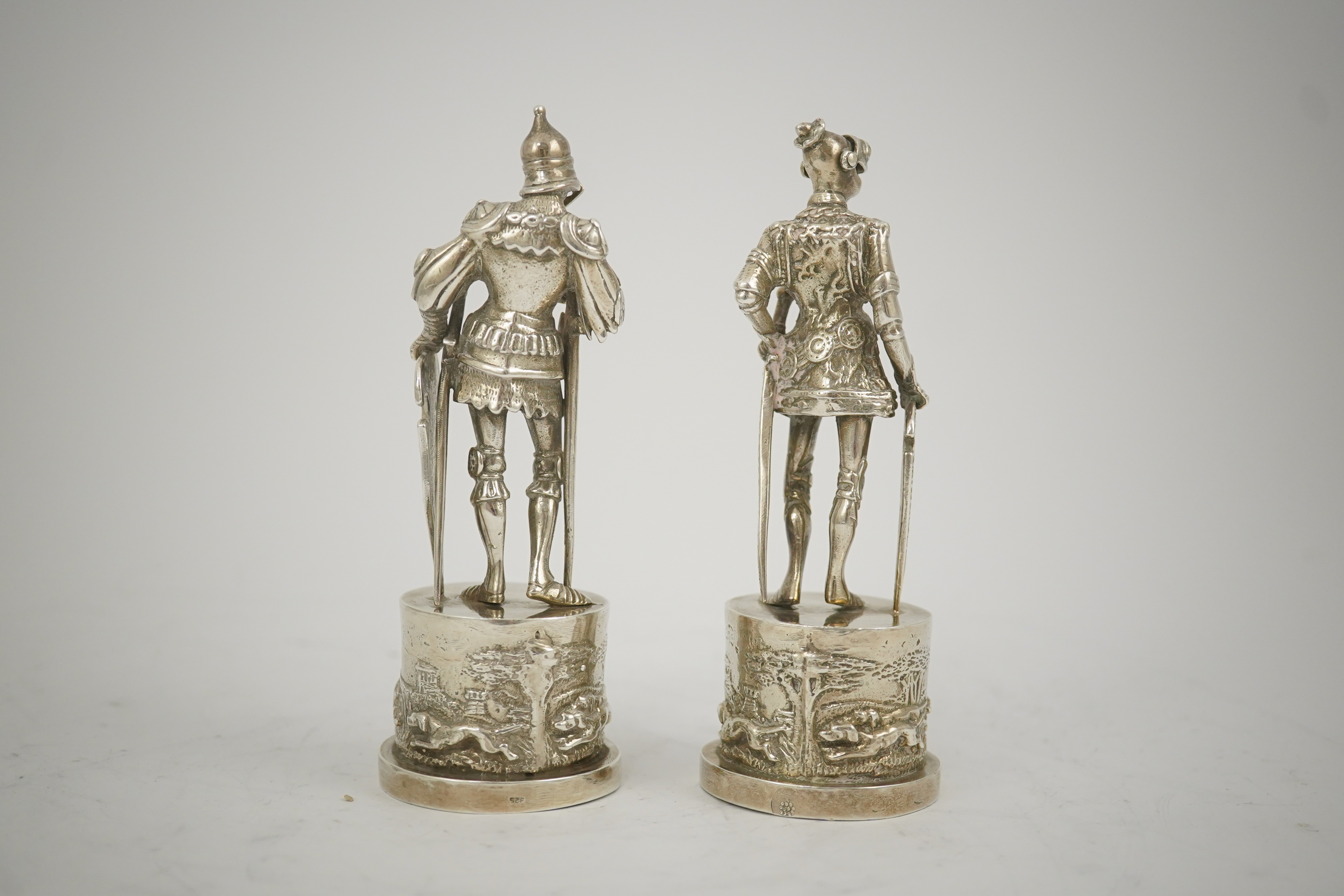 Two similar late 19th/early 20th century Hanau? silver miniature model Knights, makers mark HT